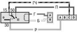 Схема соединений выключателя зажигания (при вставленном ключе)